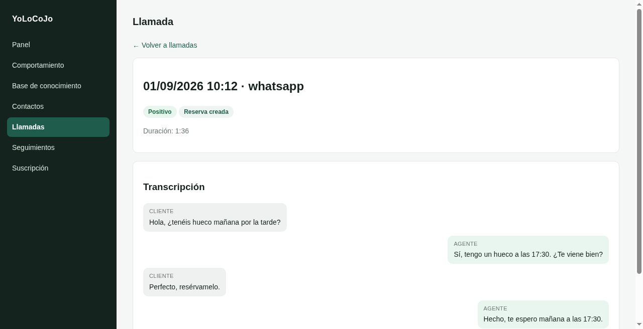 Detalle de llamada con ficha y transcripción